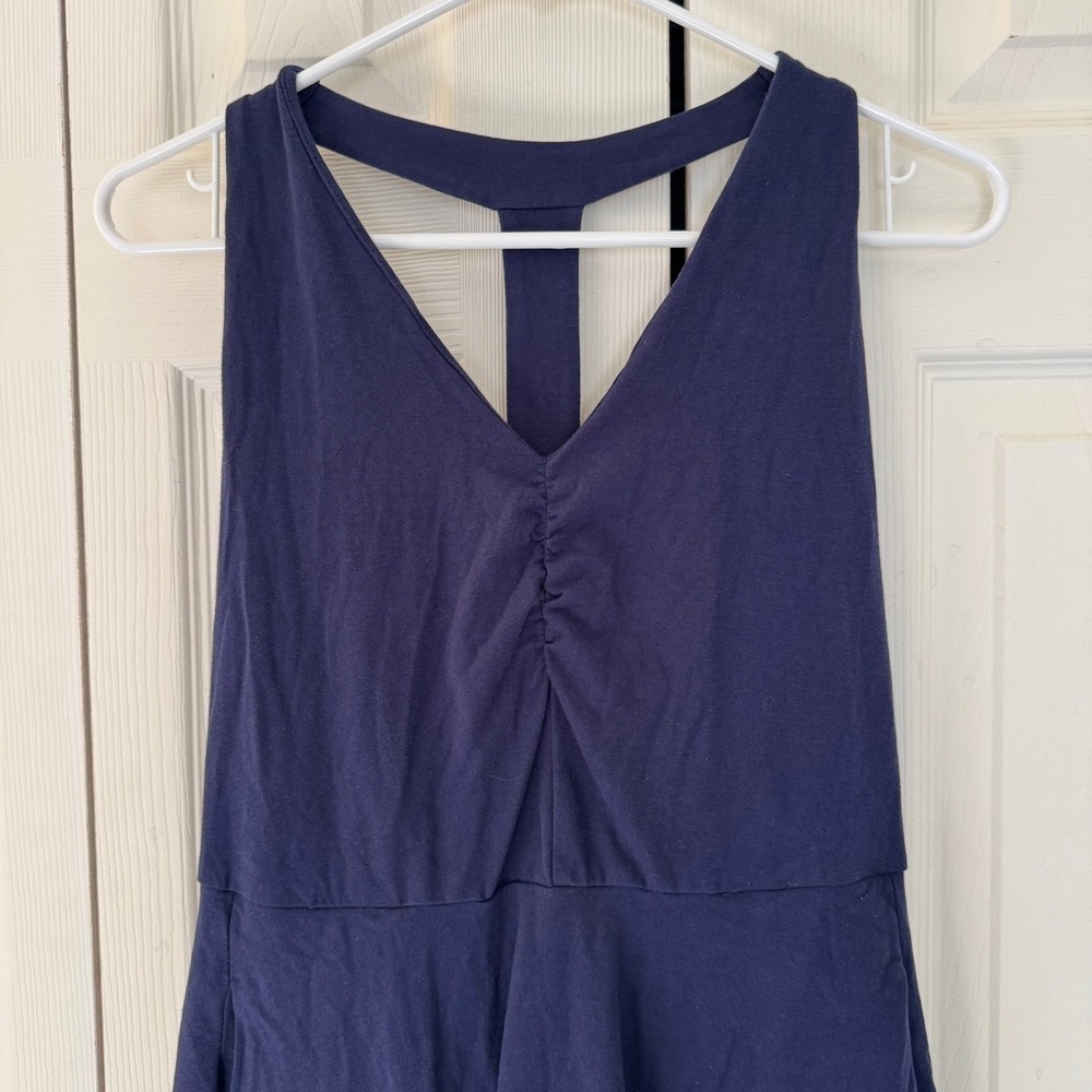 Pact Organic Cotton Fit and Flare Gathered Halter Dress Navy Blue M Pockets Midi - Picture 2 of 9